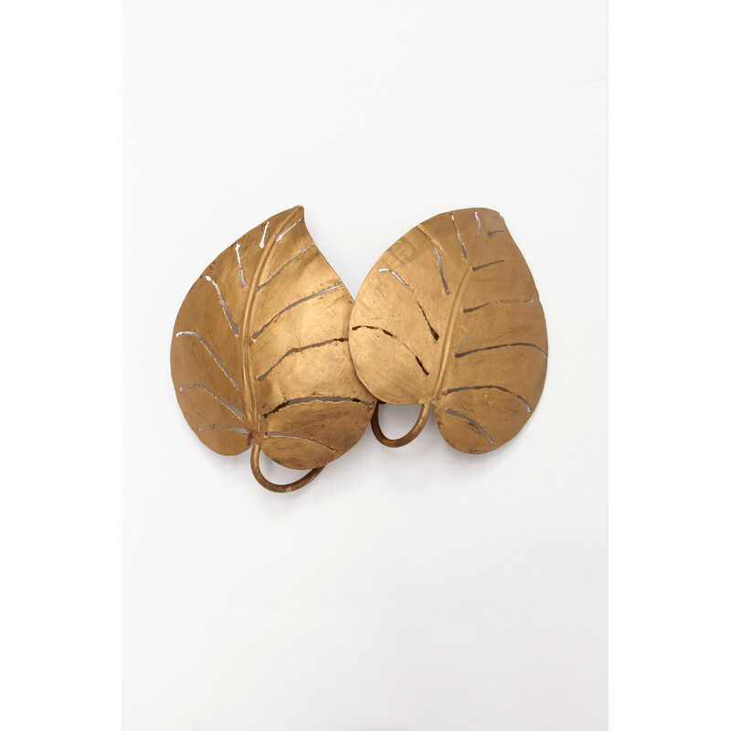 Vintage wall lamp with golden tropical leaves, Italy 1970