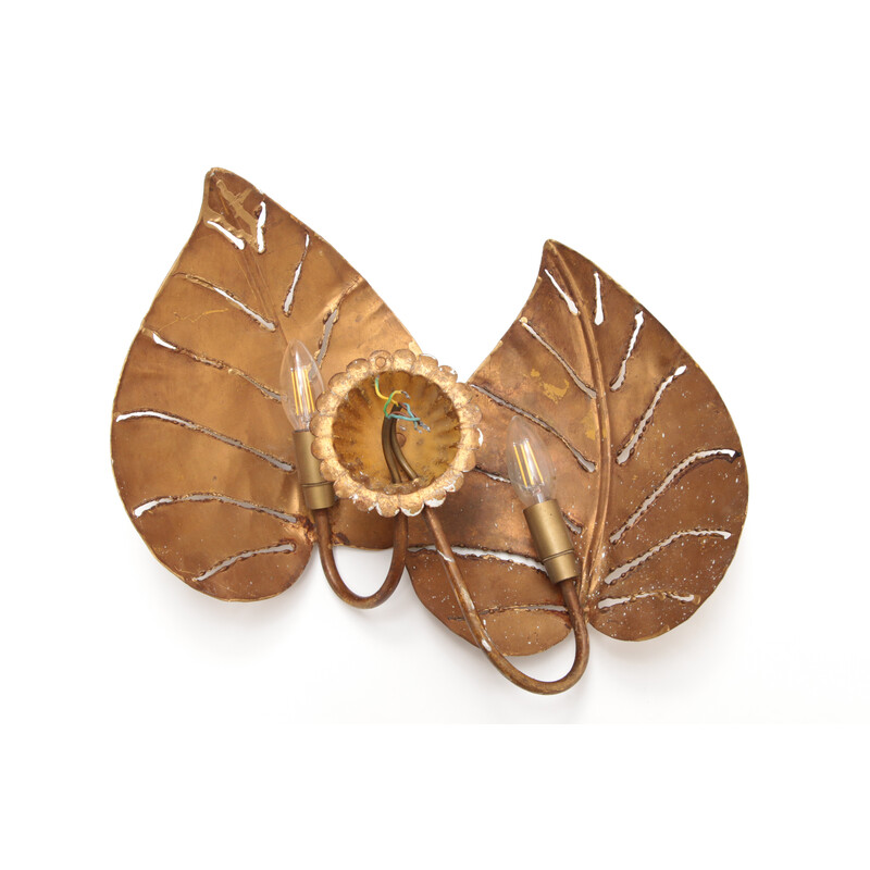 Vintage wall lamp with golden tropical leaves, Italy 1970