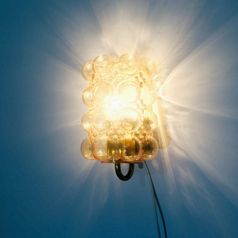 Vintage wall lamp in amber bubbled glass and brass by Helena Tynell for Limburg, Germany 1960