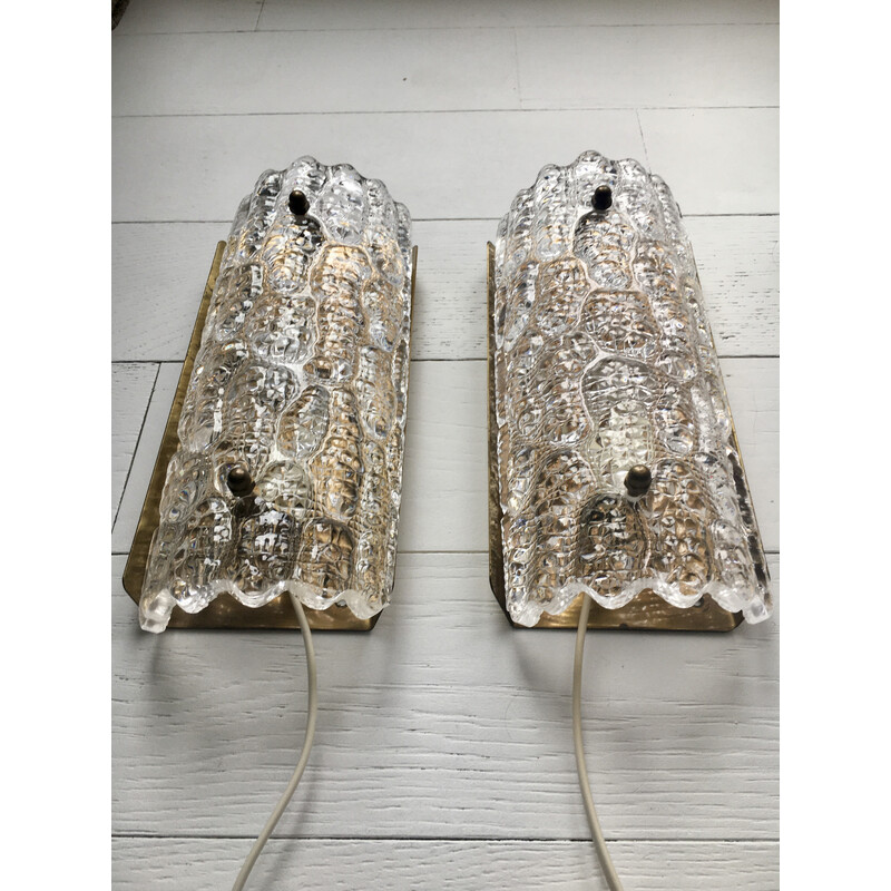 Pair of vintage brass and glass wall lamps by Carl Fagerlund for Orrefors, Sweden 1970