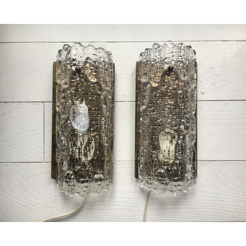 Pair of vintage brass and glass wall lamps by Carl Fagerlund for Orrefors, Sweden 1970