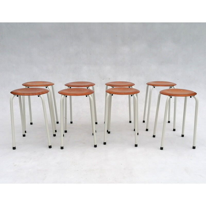 Set of 8 vintage Dutch stools in plywood, 1970s