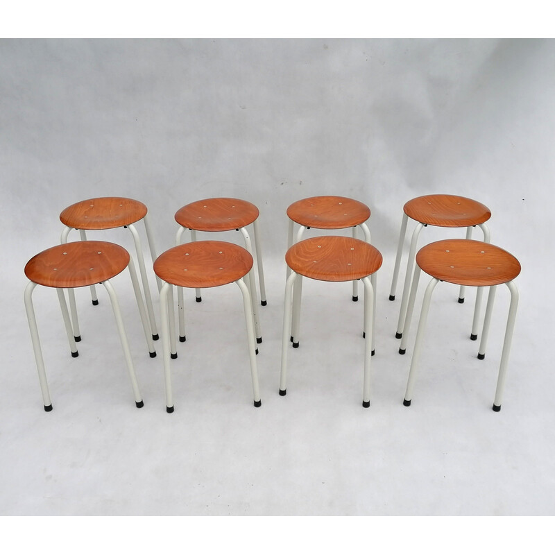 Set of 8 vintage Dutch stools in plywood, 1970s