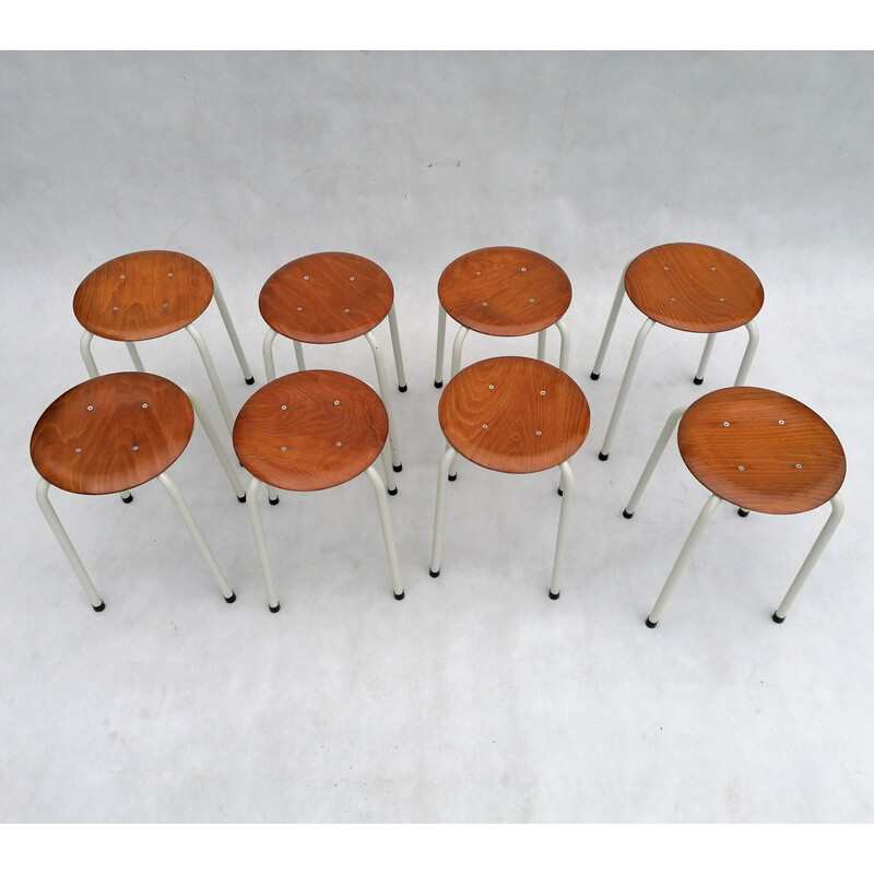 Set of 8 vintage Dutch stools in plywood, 1970s