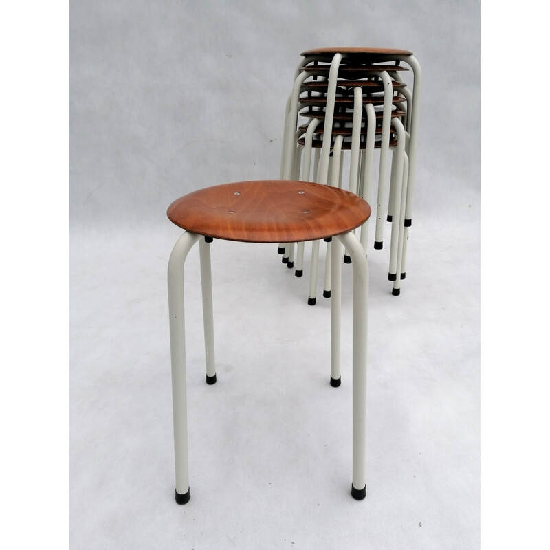 Set of 8 vintage Dutch stools in plywood, 1970s