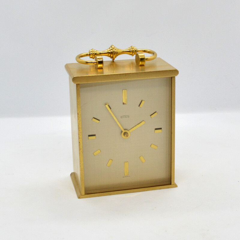 Vintage hollywood regency brass travel clock by Emes, Germany 1970s