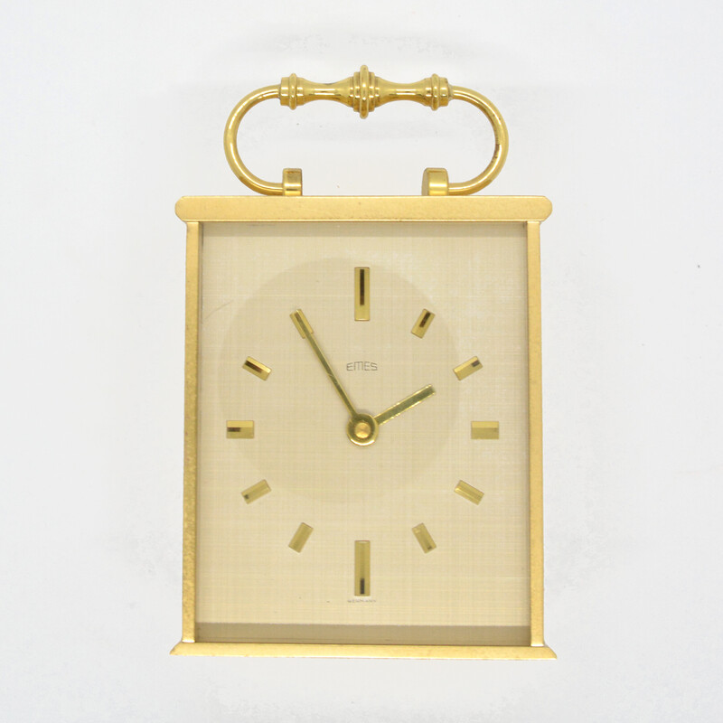 Vintage hollywood regency brass travel clock by Emes, Germany 1970s