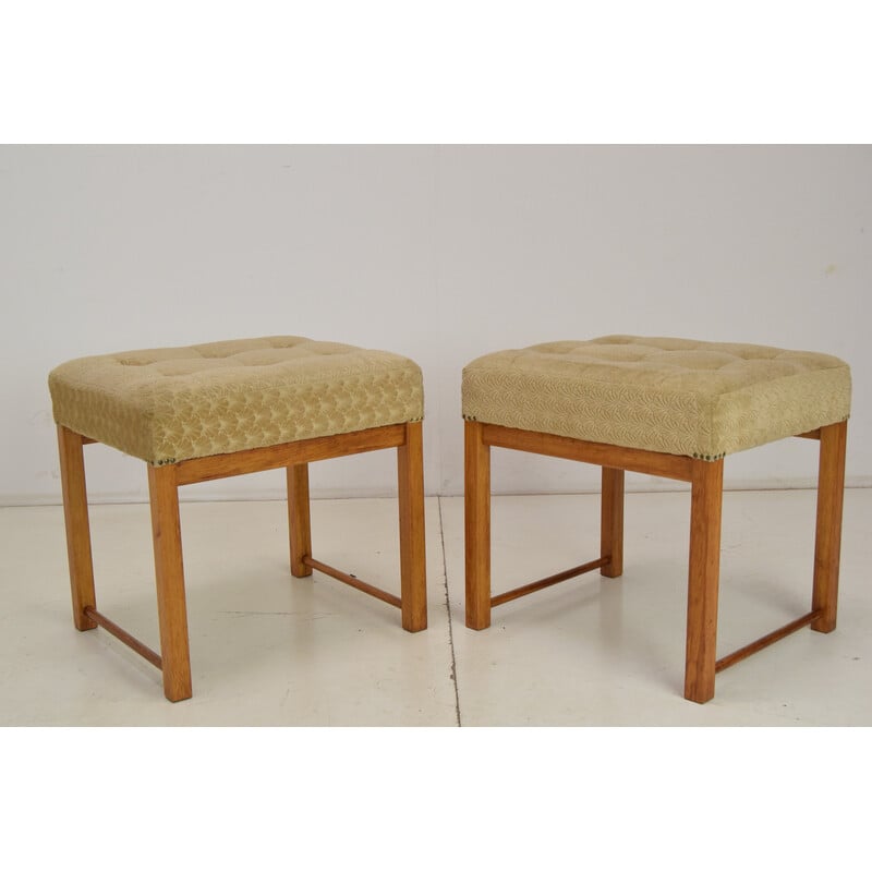 Pair of vintage footstools in fabric and wood, Czechoslovakia 1960