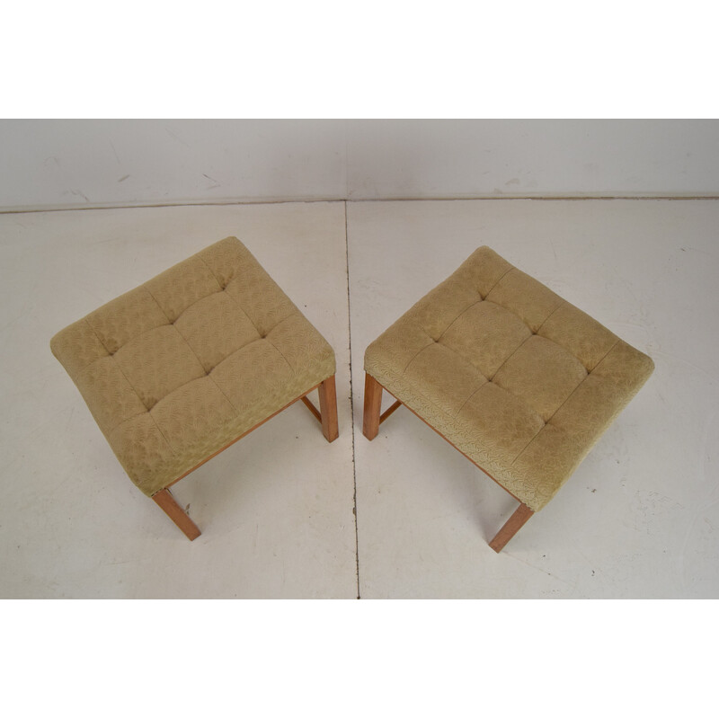 Pair of vintage footstools in fabric and wood, Czechoslovakia 1960