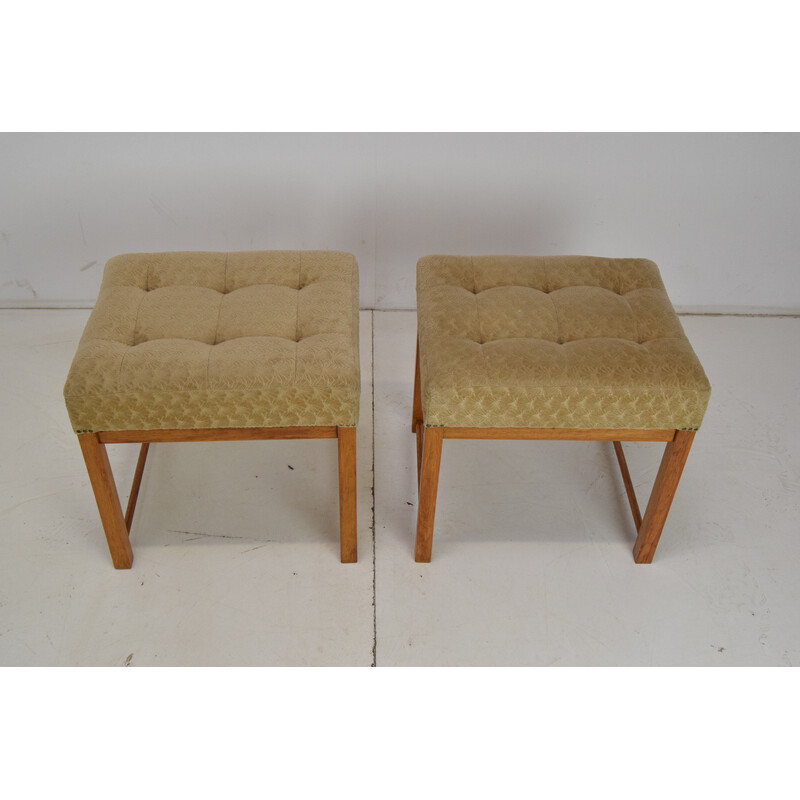 Pair of vintage footstools in fabric and wood, Czechoslovakia 1960