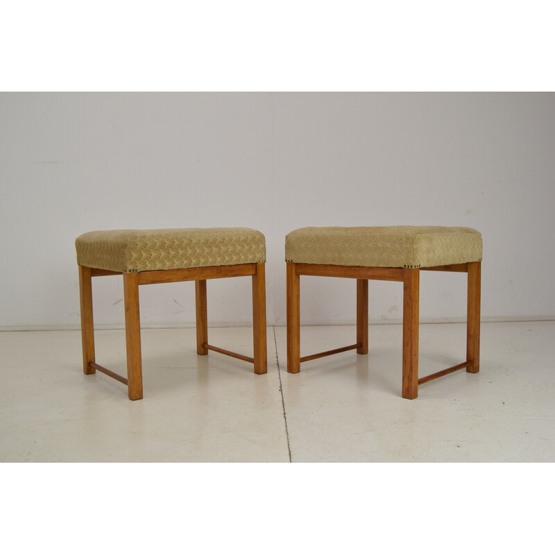 Pair of vintage footstools in fabric and wood, Czechoslovakia 1960
