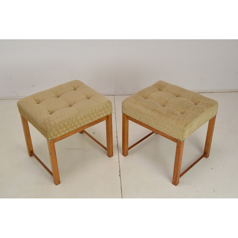 Pair of vintage footstools in fabric and wood, Czechoslovakia 1960