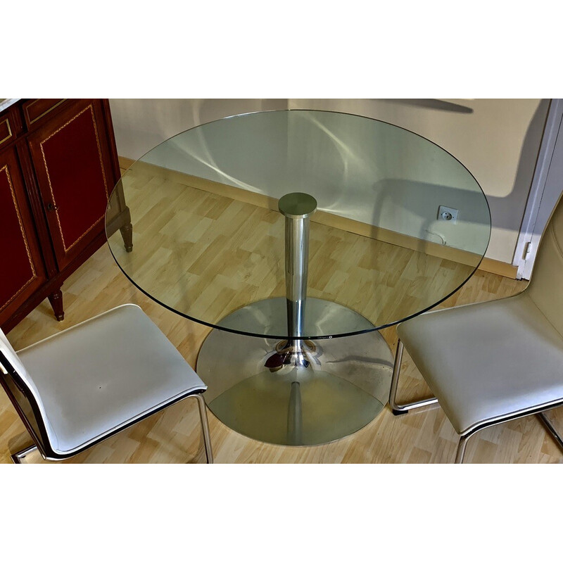 Round vintage table in chrome plated metal and tempered glass by Calligaris, Italy