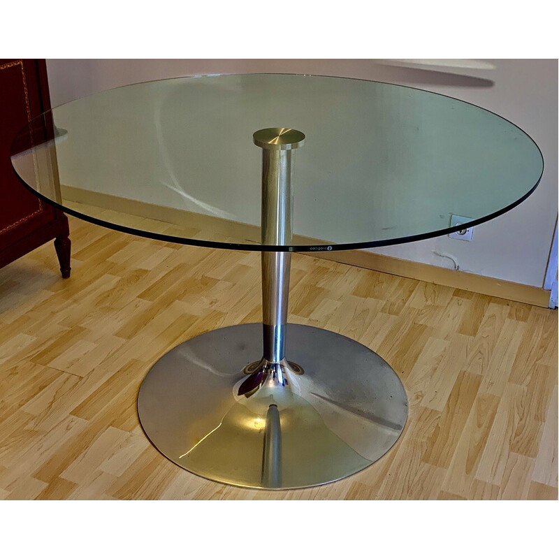 Runder Vintage-Tisch aus verchromtem Metall und gehärtetem Glas von Calligaris, Italien