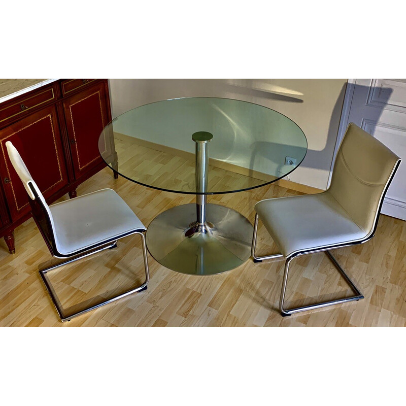 Ronde vintage tafel in verchroomd metaal en gehard glas van Calligaris, Italië