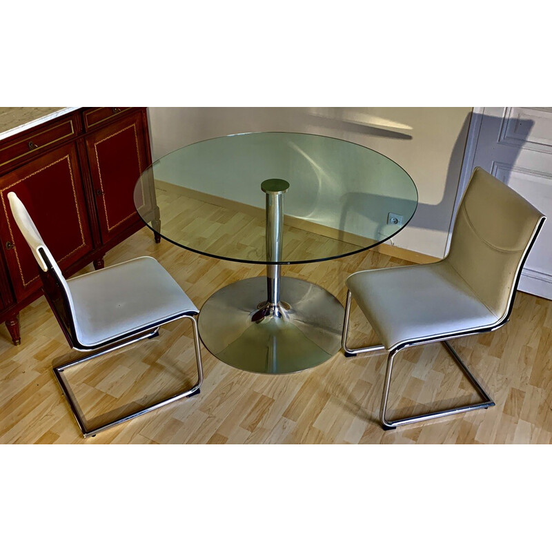 Round vintage table in chrome plated metal and tempered glass by Calligaris, Italy