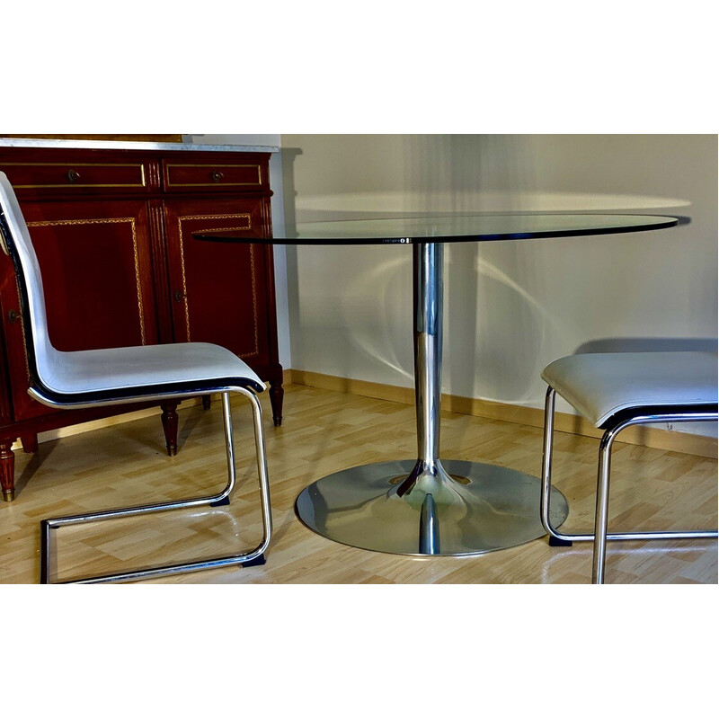 Round vintage table in chrome plated metal and tempered glass by Calligaris, Italy