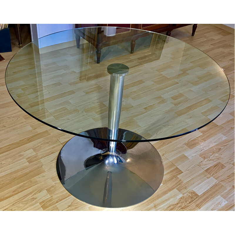 Round vintage table in chrome plated metal and tempered glass by Calligaris, Italy