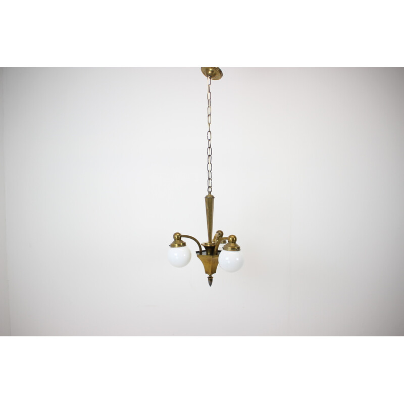 Vintage Art Deco chandelier in glass and brass, 1920s