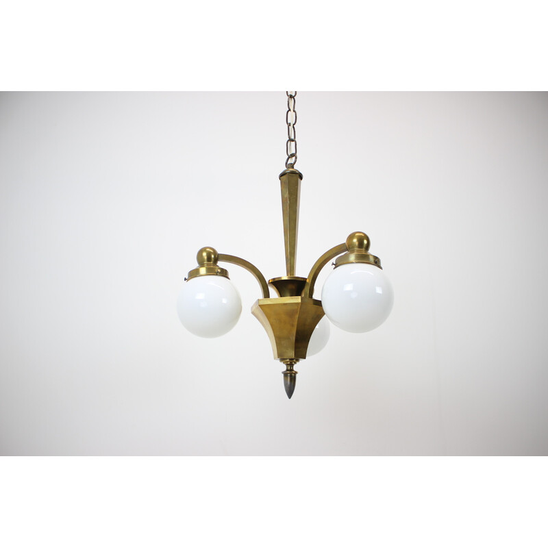 Vintage Art Deco chandelier in glass and brass, 1920s