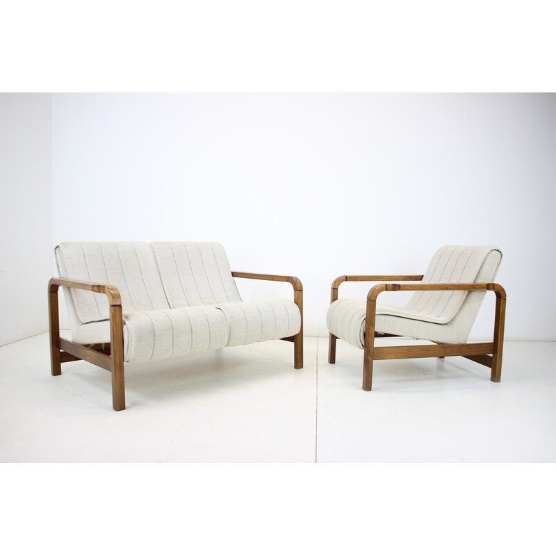 Pair of vintage sofas in fabric and wood, Czechoslovakia 1970