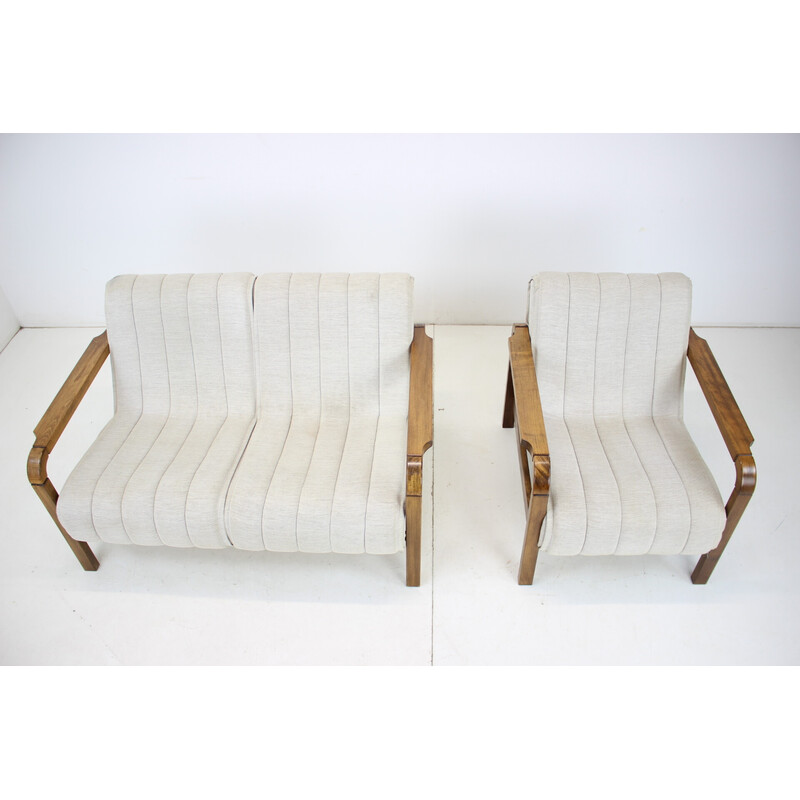 Pair of vintage sofas in fabric and wood, Czechoslovakia 1970