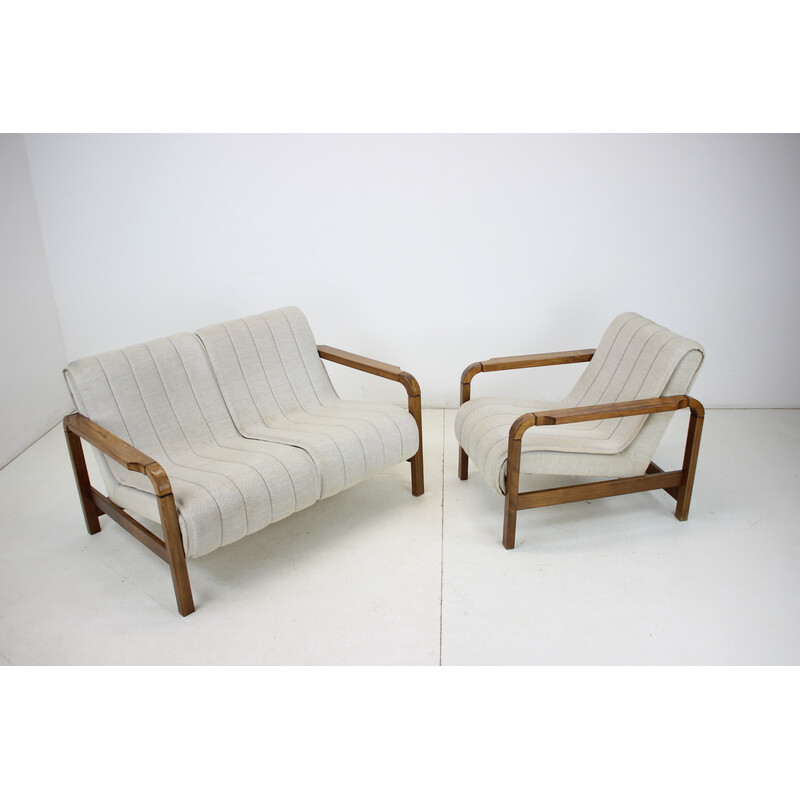 Pair of vintage sofas in fabric and wood, Czechoslovakia 1970