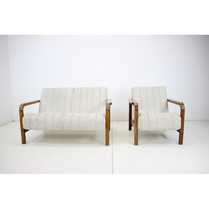 Pair of vintage sofas in fabric and wood, Czechoslovakia 1970