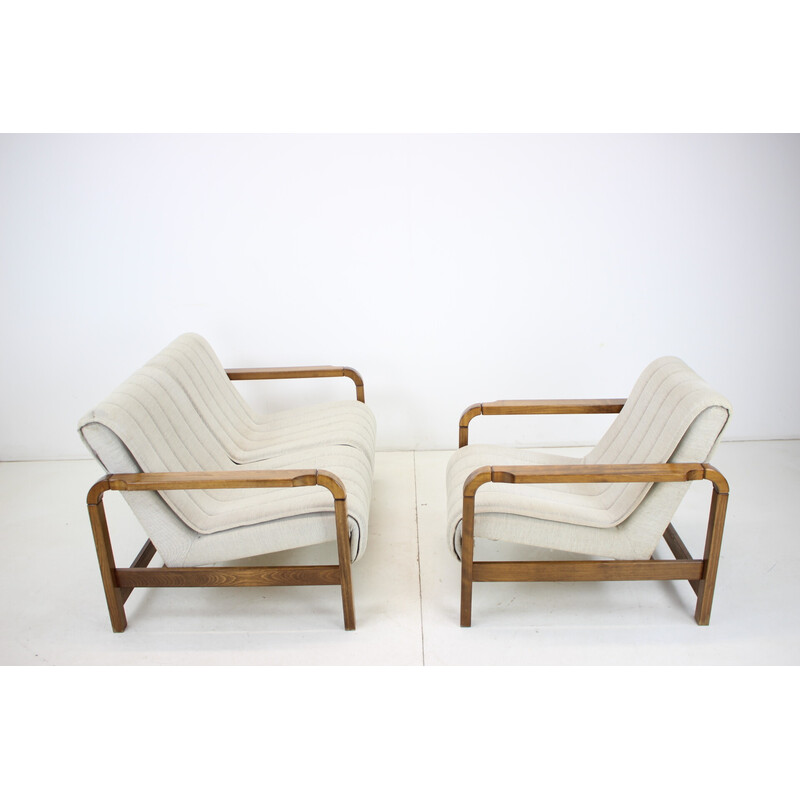 Pair of vintage sofas in fabric and wood, Czechoslovakia 1970