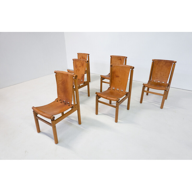 Set of 6 vintage leather dining chairs by Ilmari Tapiovaara for La Permanente Mobili Cantù, 1950s
