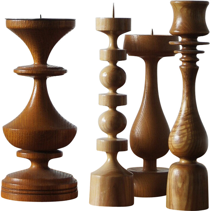 Set van 4 Scandinavische vintage houten kandelaars