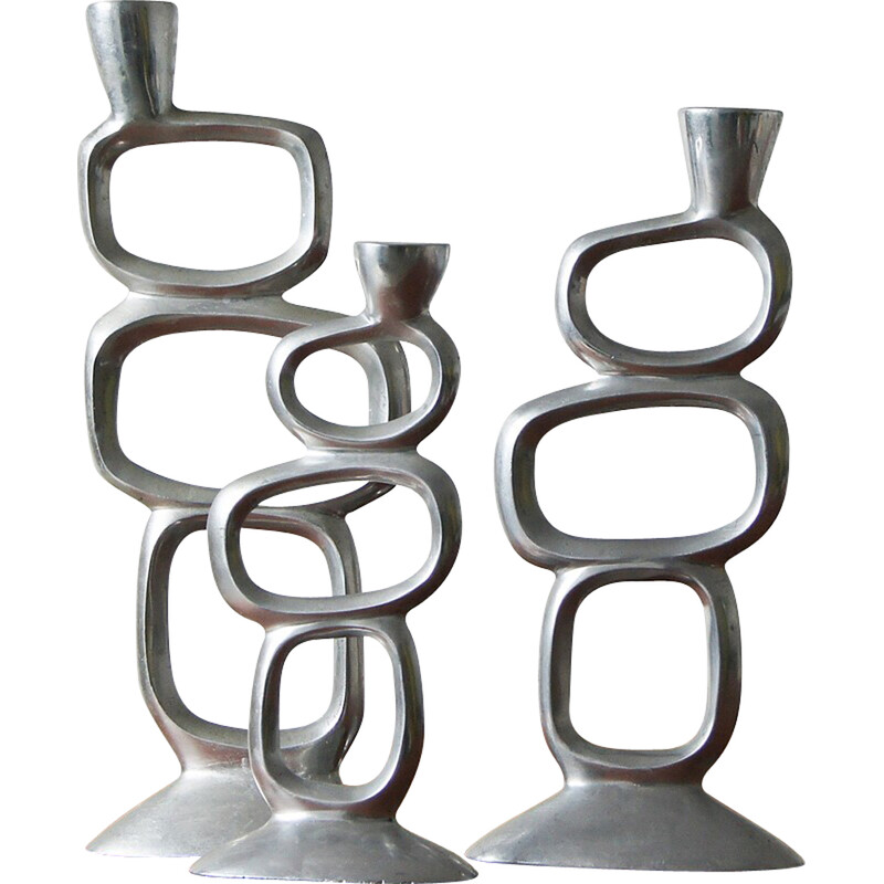 Set di 3 candelieri vintage modernisti in alluminio, anni '80