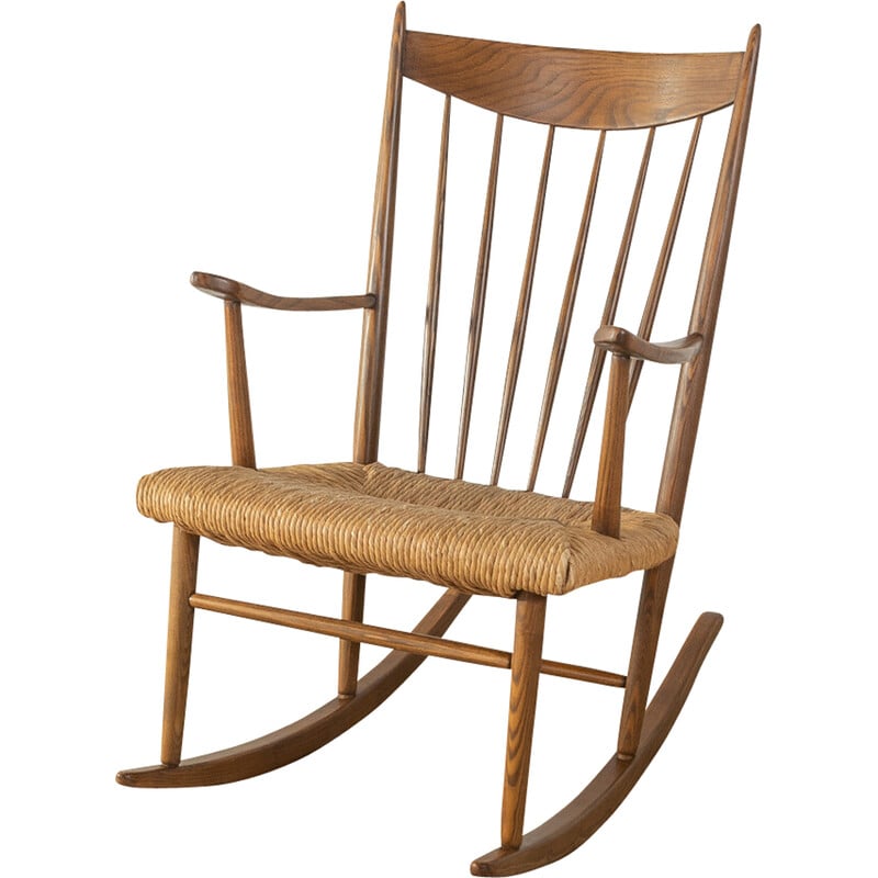 Vintage schommelstoel in massief hout en raffia, Denemarken