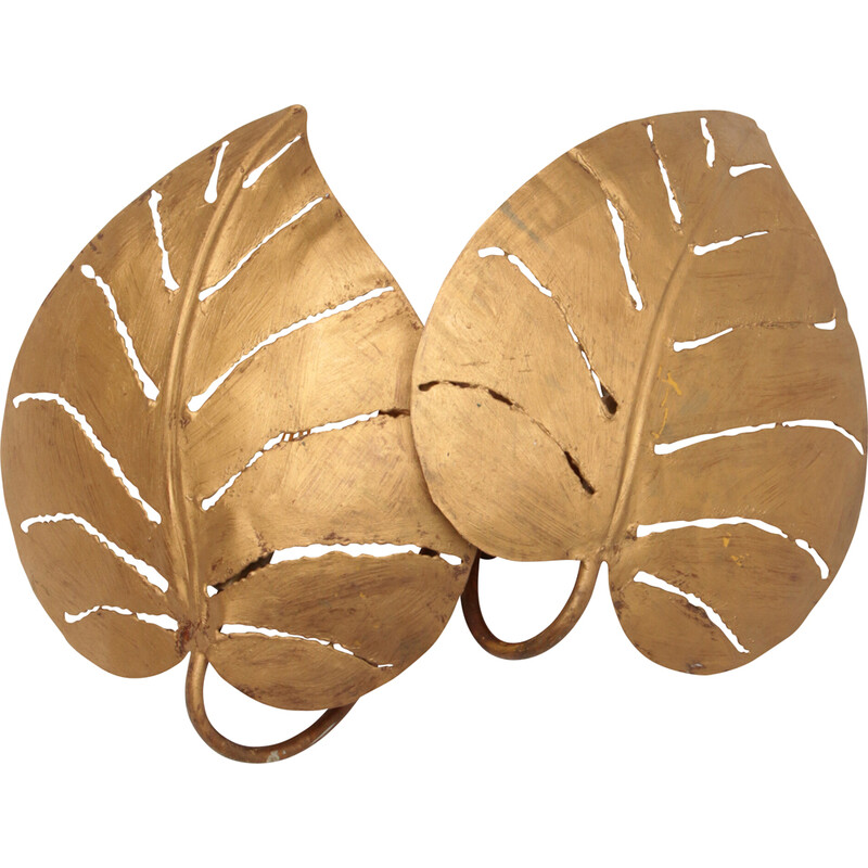 Vintage wall lamp with golden tropical leaves, Italy 1970