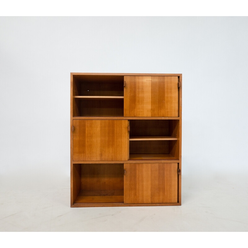 Mueble alto de mediados de siglo en madera y cuero de Florence Knoll, años 60