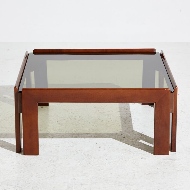 Vintage walnut coffee table with smoked glass top by Afra and Tobia Scarpa for Cassina, 1960s