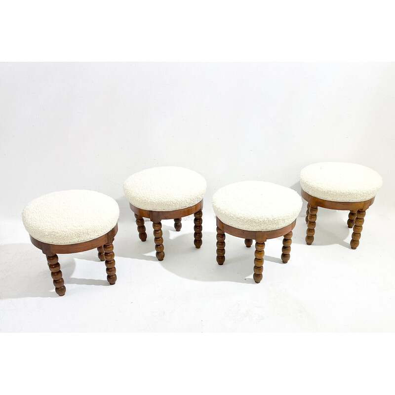 Mid-century stool in oakwood and white boucle fabric, 1970s