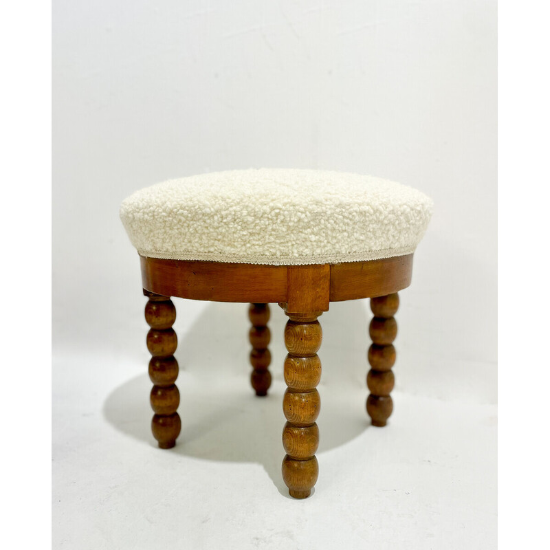 Mid-century stool in oakwood and white boucle fabric, 1970s