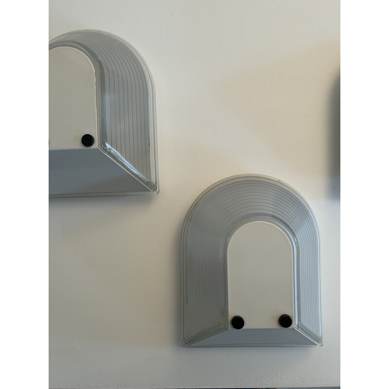 Set of 3 vintage wall lamps in striated glass and white lacquered metal by Roberto Fiorato for Prisma, 1980
