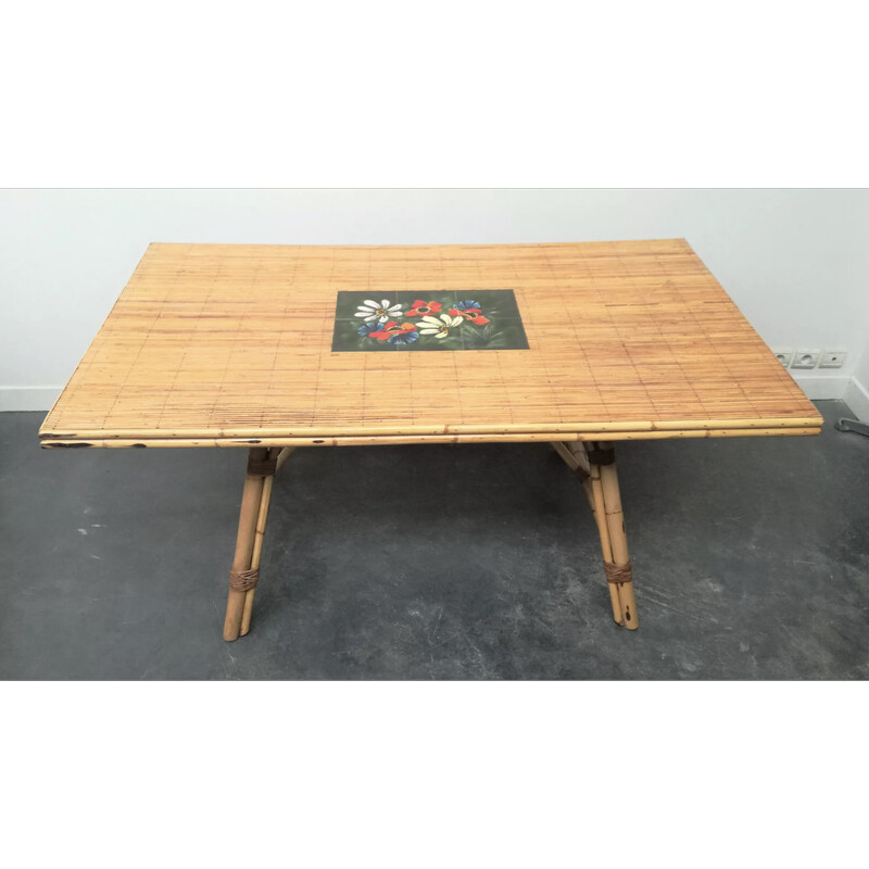 Table vintage en jonc et bambou, 1950