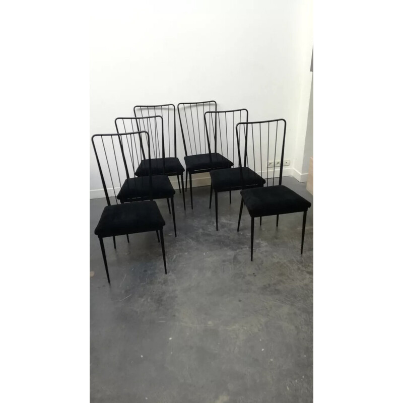 Set van 6 vintage metalen en fluwelen stoelen van Colette Gueden, 1950