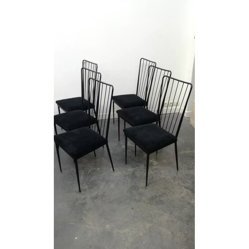 Set van 6 vintage metalen en fluwelen stoelen van Colette Gueden, 1950
