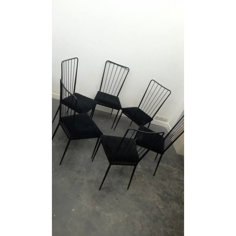 Set aus 6 Vintage-Stühlen aus Metall und Samt von Colette Gueden, 1950