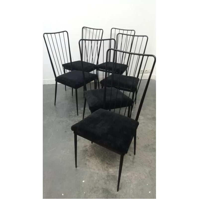 Conjunto de 6 cadeiras de metal e veludo vintage por Colette Gueden, 1950