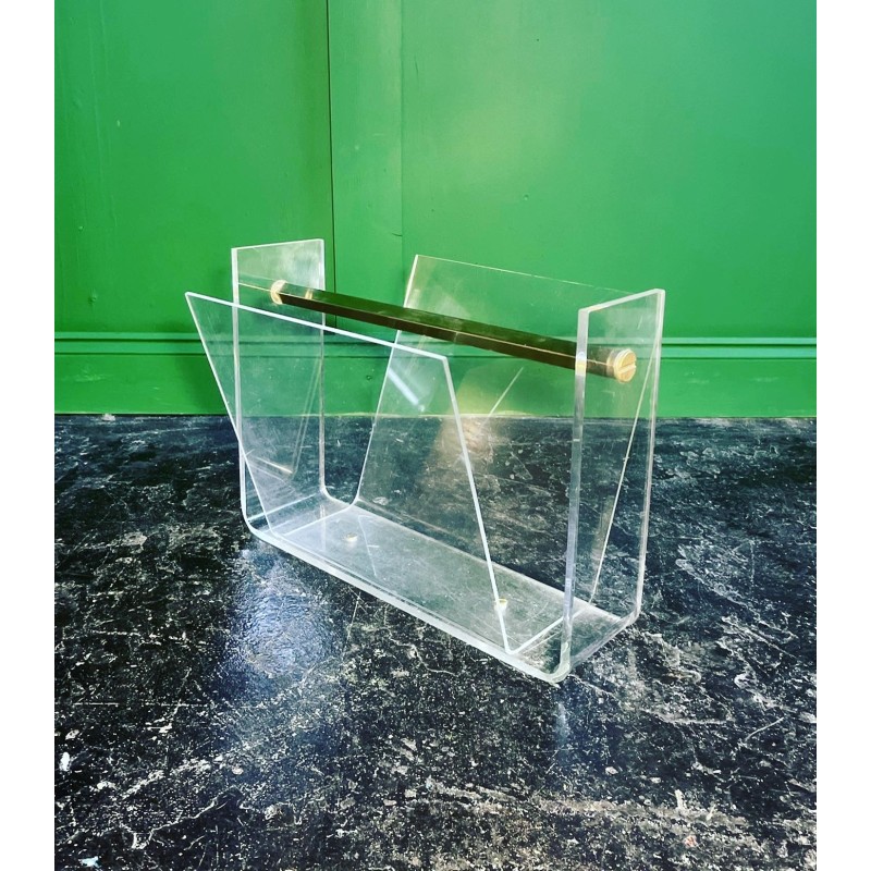 Vintage magazine rack in acrylic glass and brass by David Lange for Roche Bobois, 1970s