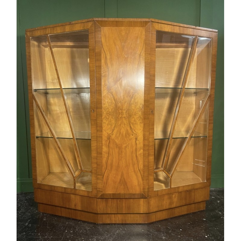 Art Deco vintage burr walnut and maple sunburst cabinet bar, 1930s