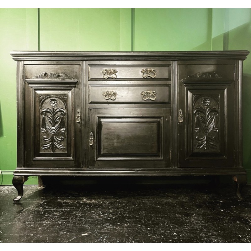 French vintage edwardian highboard in ebony with brass hardware, 1900s