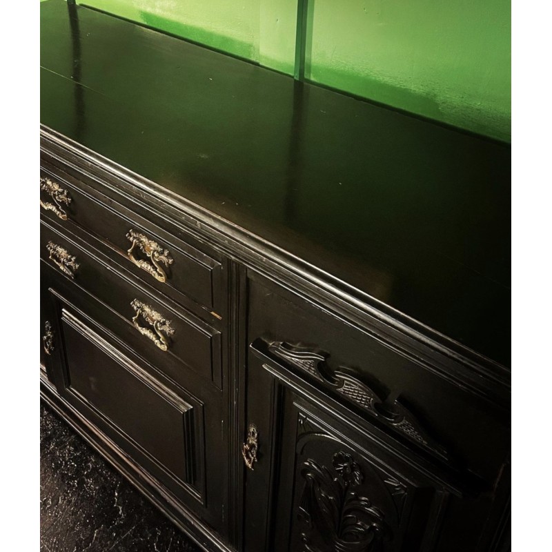 French vintage edwardian highboard in ebony with brass hardware, 1900s