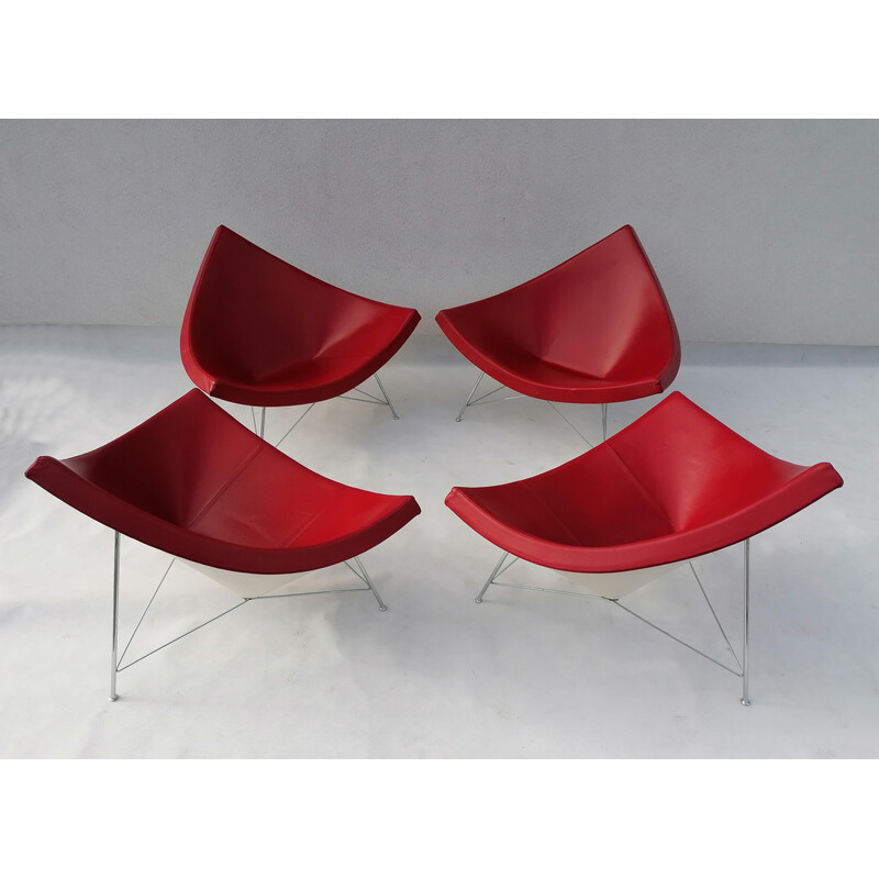 Set of 4 vintage Coconut lounge chairs in red leather by George Nelson for Vitra