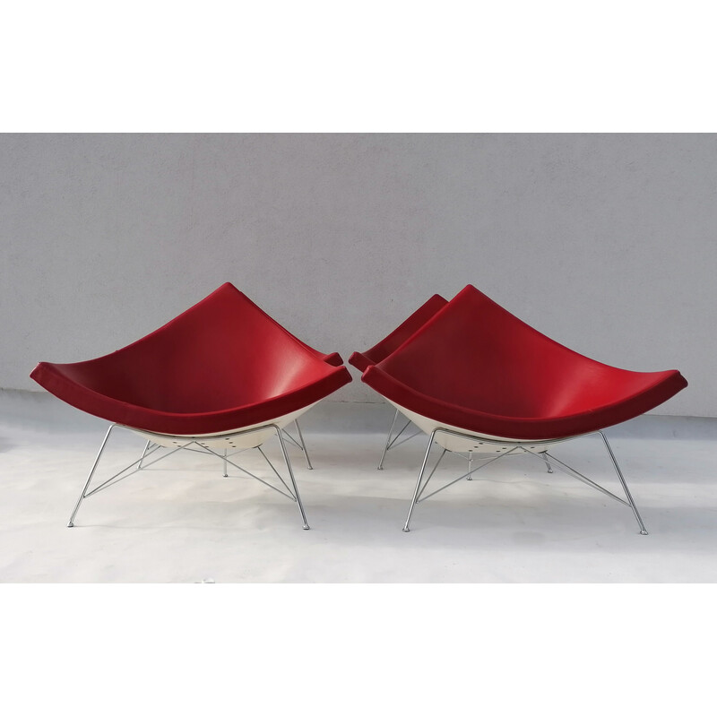 Conjunto de 4 cadeiras de coco vintage lounge em pele vermelha de George Nelson para Vitra